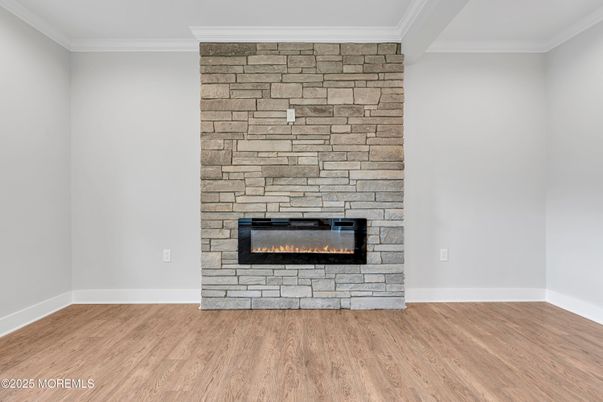 Empty room, Fireplace, Interior, Stone Walls, Wood Texture Flooring