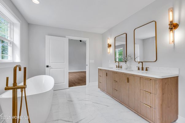 Bathroom, Dual Sink Vanities, Free Standing Baths, Interior, Marble, Recessed Lighting