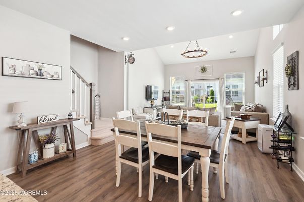 Dining room, Interior, Pendant Lights, Recessed Lighting, Wood Texture Flooring