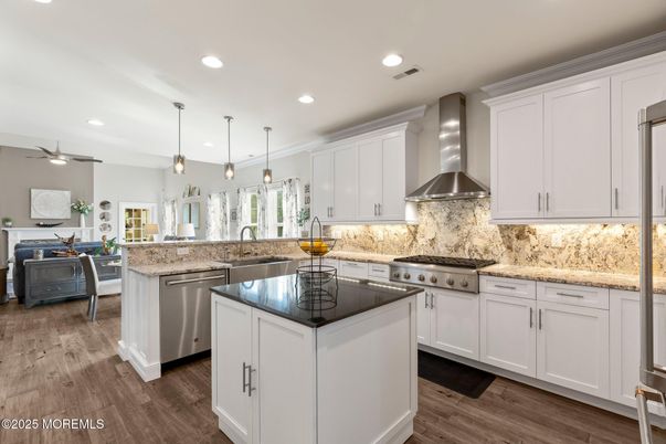 Interior, Kitchen, Pendant Lights, Recessed Lighting, Stainless Steel Appliances, Wood Texture Flooring