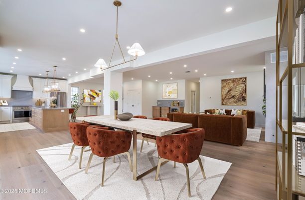 Dining room, Interior, Kitchen, Living room, Pendant Lights, Recessed Lighting, Stainless Steel Appliances, Wood Texture Flooring