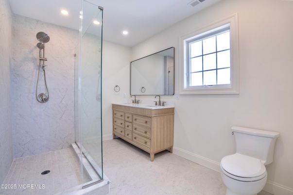 Bathroom, Glass Shower, Interior, Marble Walls, Recessed Lighting