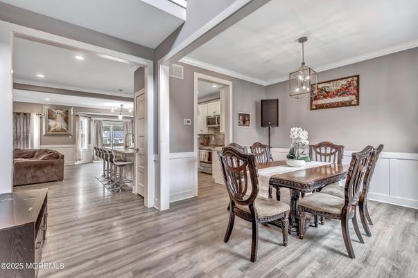 Dining room, Interior, Pendant Lights, Recessed Lighting, Wood Texture Flooring