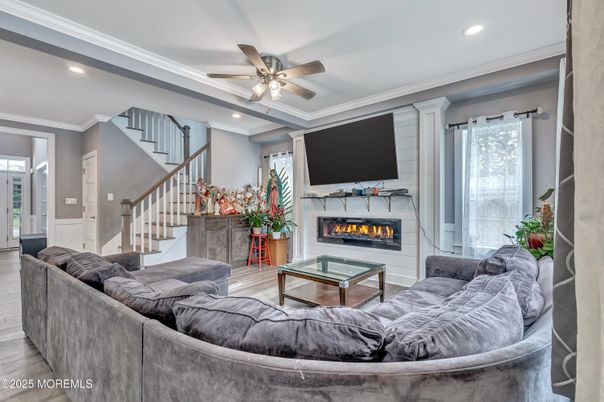 Fireplace, Interior, Living room, Recessed Lighting, Wood Texture Flooring