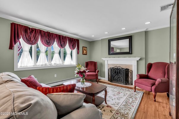 Fireplace, Interior, Living room, Recessed Lighting, Wood Texture Flooring