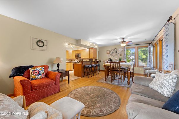 Dining room, Interior, Kitchen, Living room, Stainless Steel Appliances, Wood Texture Flooring