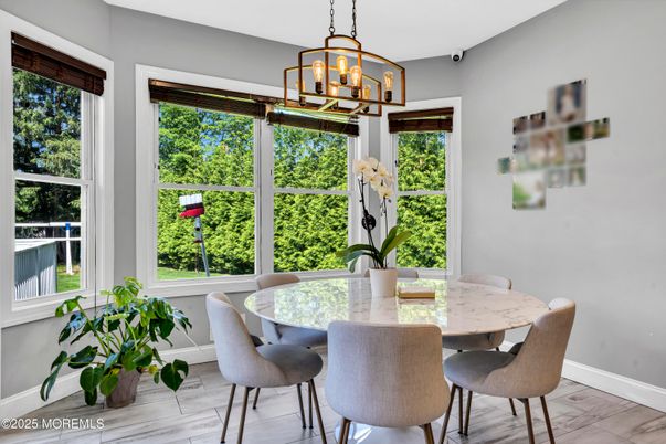 Chandelier, Dining room, Interior, Marble, Pendant Lights, Wood Texture Flooring