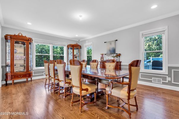 Dining room, Interior, Recessed Lighting, Wood Texture Flooring