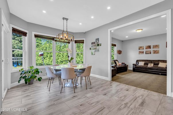 Dining room, Interior, Pendant Lights, Recessed Lighting, Wood Texture Flooring