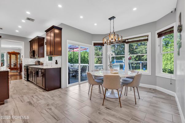 Dining room, Interior, Kitchen, Marble, Pendant Lights, Recessed Lighting, Wood Texture Flooring