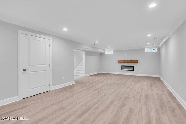 Empty room, Fireplace, Interior, Recessed Lighting, Wood Texture Flooring