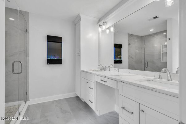 Bathroom, Dual Sink Vanities, Glass Shower, Interior, Recessed Lighting