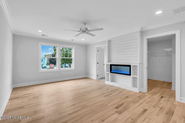 Empty room, Fireplace, Interior, Recessed Lighting, Wood Texture Flooring