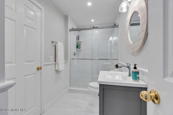 Bathroom, Glass Shower, Interior, Marble, Recessed Lighting