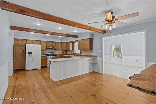 Interior, Kitchen, Recessed Lighting, Stainless Steel Appliances, Wooden Beams, Wood Texture Flooring
