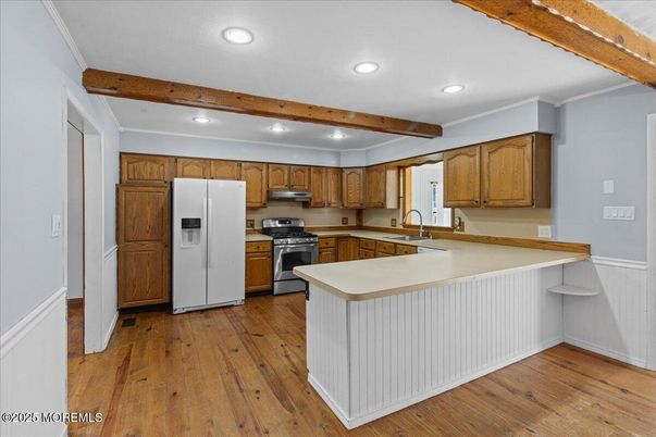 Interior, Kitchen, Recessed Lighting, Stainless Steel Appliances, Wooden Beams, Wood Texture Flooring