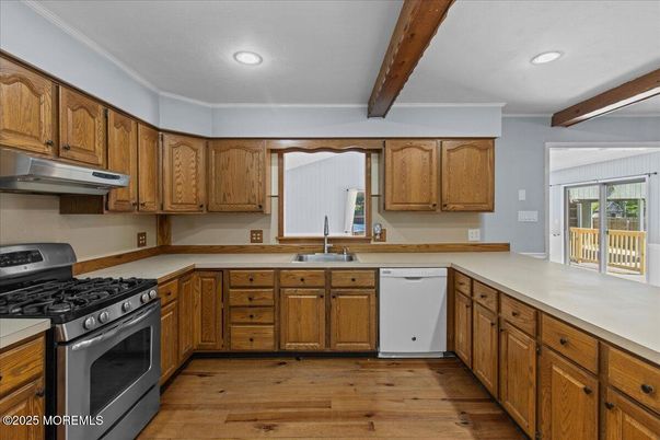 Interior, Kitchen, Recessed Lighting, Stainless Steel Appliances, Wooden Beams, Wood Texture Flooring