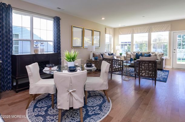 Dining room, Interior, Living room, Recessed Lighting, Wood Texture Flooring