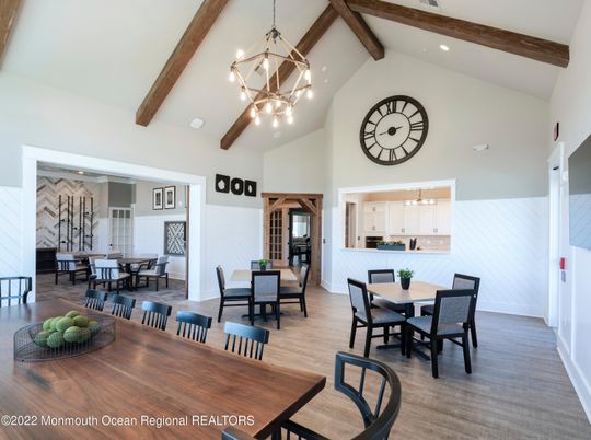 Dining room, Interior, Pendant Lights, Recessed Lighting, Wooden Beams, Wood Texture Flooring