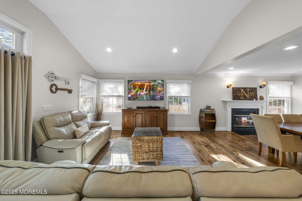 Fireplace, Interior, Living room, Recessed Lighting, Wood Texture Flooring