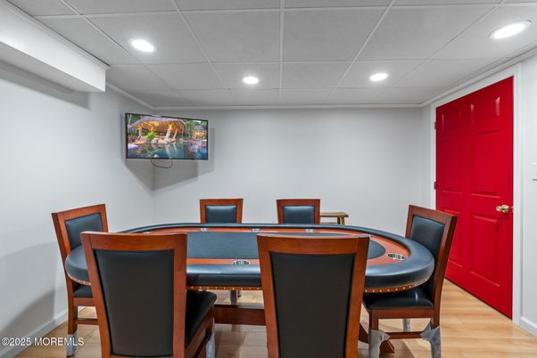 Dining room, Game Room, Interior, Recessed Lighting, Wood Texture Flooring