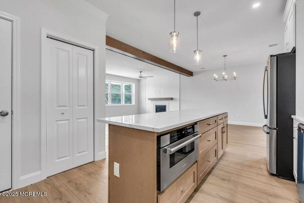 Interior, Kitchen, Pendant Lights, Recessed Lighting, Stainless Steel Appliances, Wooden Beams, Wood Texture Flooring
