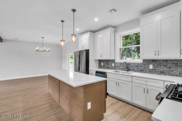 Interior, Kitchen, Pendant Lights, Recessed Lighting, Wood Texture Flooring