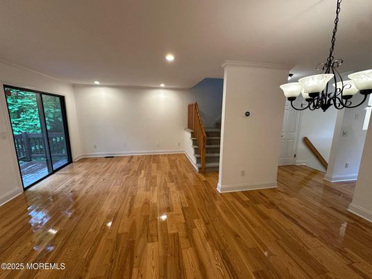 Chandelier, Empty room, Interior, Recessed Lighting, Wood Texture Flooring