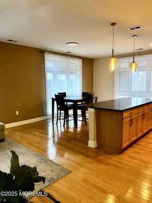 Dining room, Interior, Pendant Lights, Recessed Lighting, Wood Texture Flooring