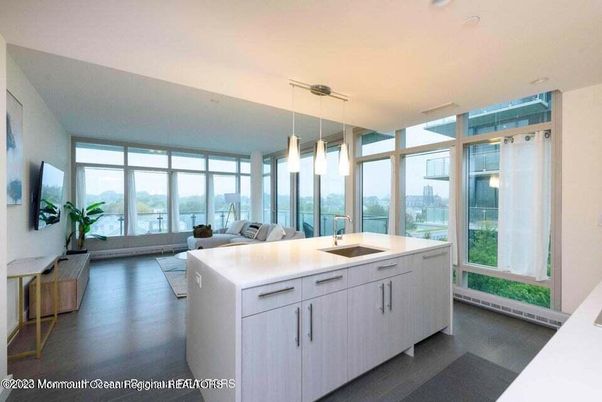 Interior, Kitchen, Living room, Pendant Lights, Water, Wood Texture Flooring
