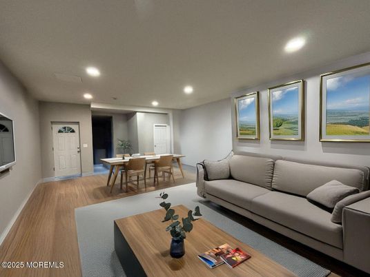 Dining room, Interior, Living room, Recessed Lighting, Wood Texture Flooring