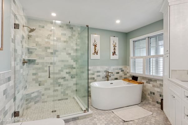 Bathroom, Free Standing Baths, Glass Shower, Interior, Recessed Lighting