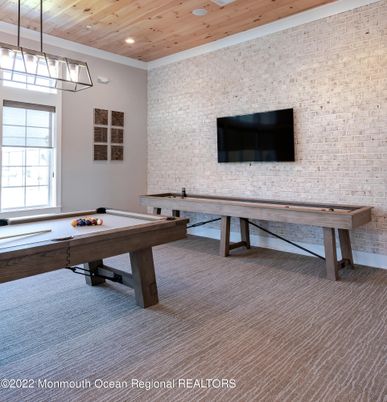 Billiard Table, Game Room, Interior, Recessed Lighting, Stone Walls, Wooden Ceilings