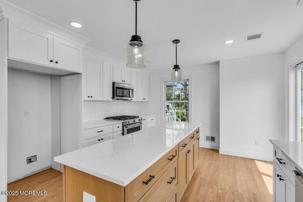 Interior, Kitchen, Pendant Lights, Recessed Lighting, Stainless Steel Appliances, Wood Texture Flooring
