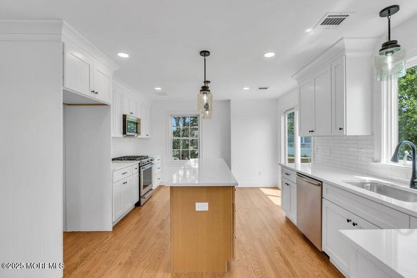 Interior, Kitchen, Pendant Lights, Recessed Lighting, Stainless Steel Appliances, Wood Texture Flooring