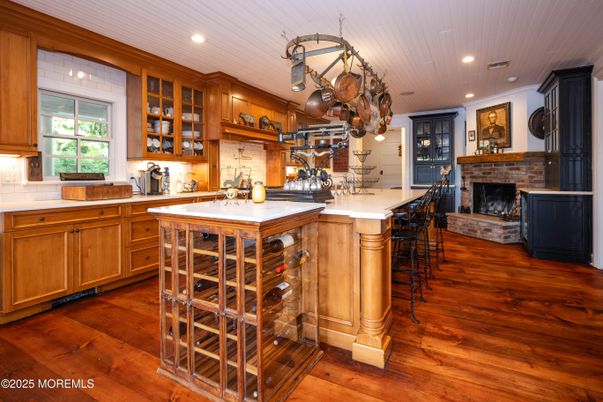 Fireplace, Interior, Kitchen, Recessed Lighting, Wood Texture Flooring