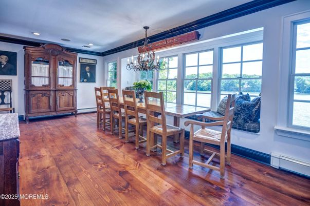 Chandelier, Dining room, Interior, Recessed Lighting, Wood Texture Flooring