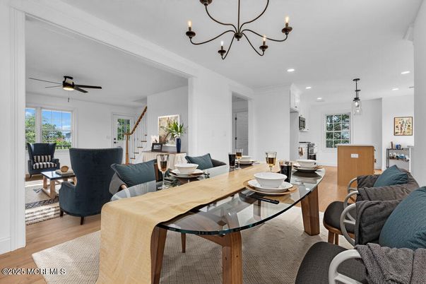 Dining room, Interior, Living room, Pendant Lights, Recessed Lighting, Wood Texture Flooring