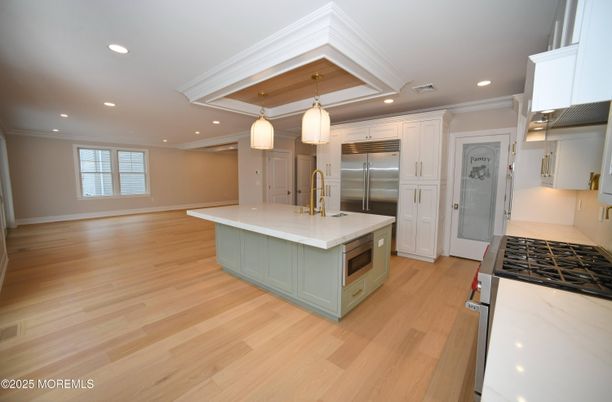 Interior, Kitchen, Pendant Lights, Recessed Lighting, Stainless Steel Appliances, Wood Texture Flooring