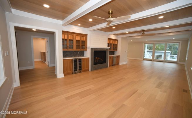 Empty room, Fireplace, Interior, Recessed Lighting, Wooden Ceilings, Wood Texture Flooring