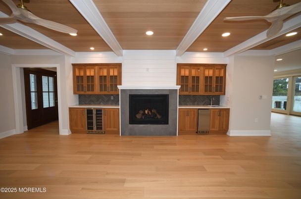 Empty room, Fireplace, Interior, Recessed Lighting, Wooden Ceilings, Wood Texture Flooring