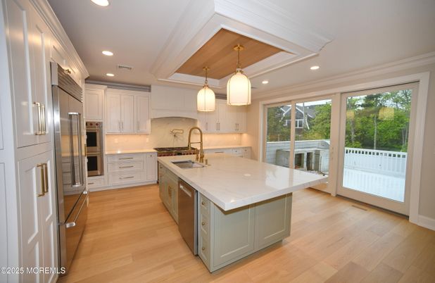 Interior, Kitchen, Pendant Lights, Recessed Lighting, Stainless Steel Appliances, Wood Texture Flooring