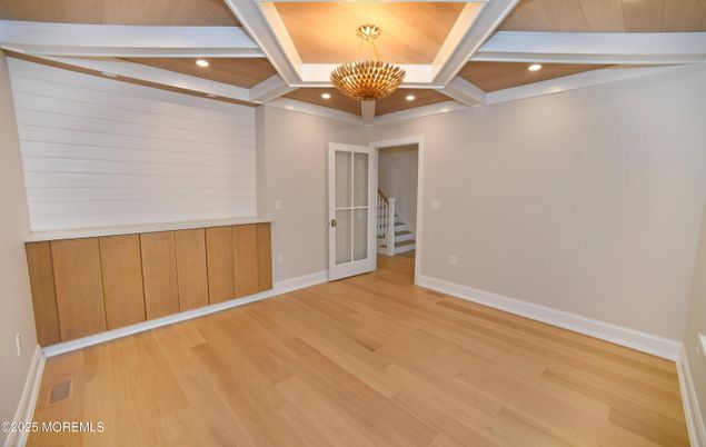 Chandelier, Empty room, Interior, Recessed Lighting, Wooden Ceilings, Wood Texture Flooring