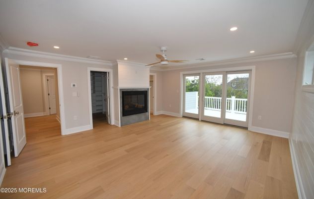 Empty room, Fireplace, Interior, Recessed Lighting, Wood Texture Flooring