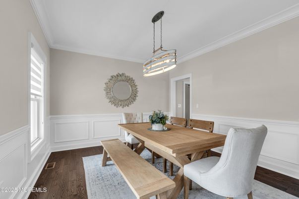 Dining room, Interior, Pendant Lights, Wood Texture Flooring