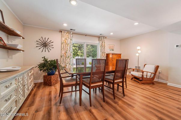 Dining room, Interior, Recessed Lighting, Wood Texture Flooring
