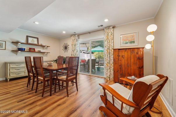 Dining room, Interior, Recessed Lighting, Wood Texture Flooring