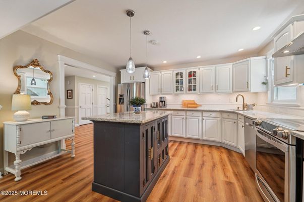 Interior, Kitchen, Pendant Lights, Recessed Lighting, Stainless Steel Appliances, Wood Texture Flooring