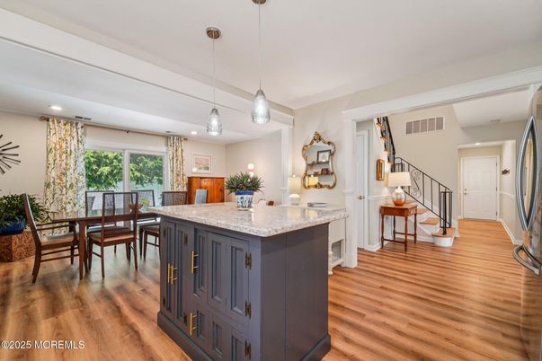 Dining room, Interior, Pendant Lights, Recessed Lighting, Wood Texture Flooring