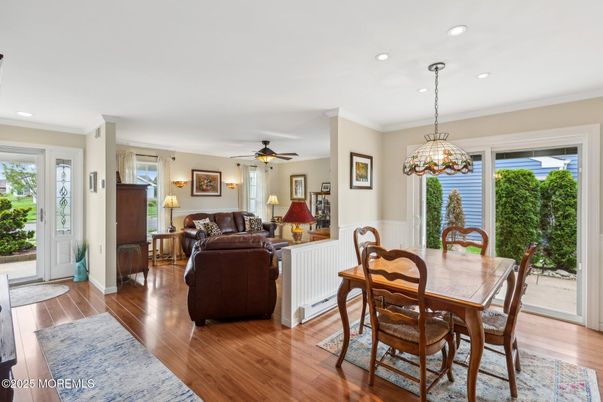 Dining room, Interior, Living room, Pendant Lights, Recessed Lighting, Wood Texture Flooring
